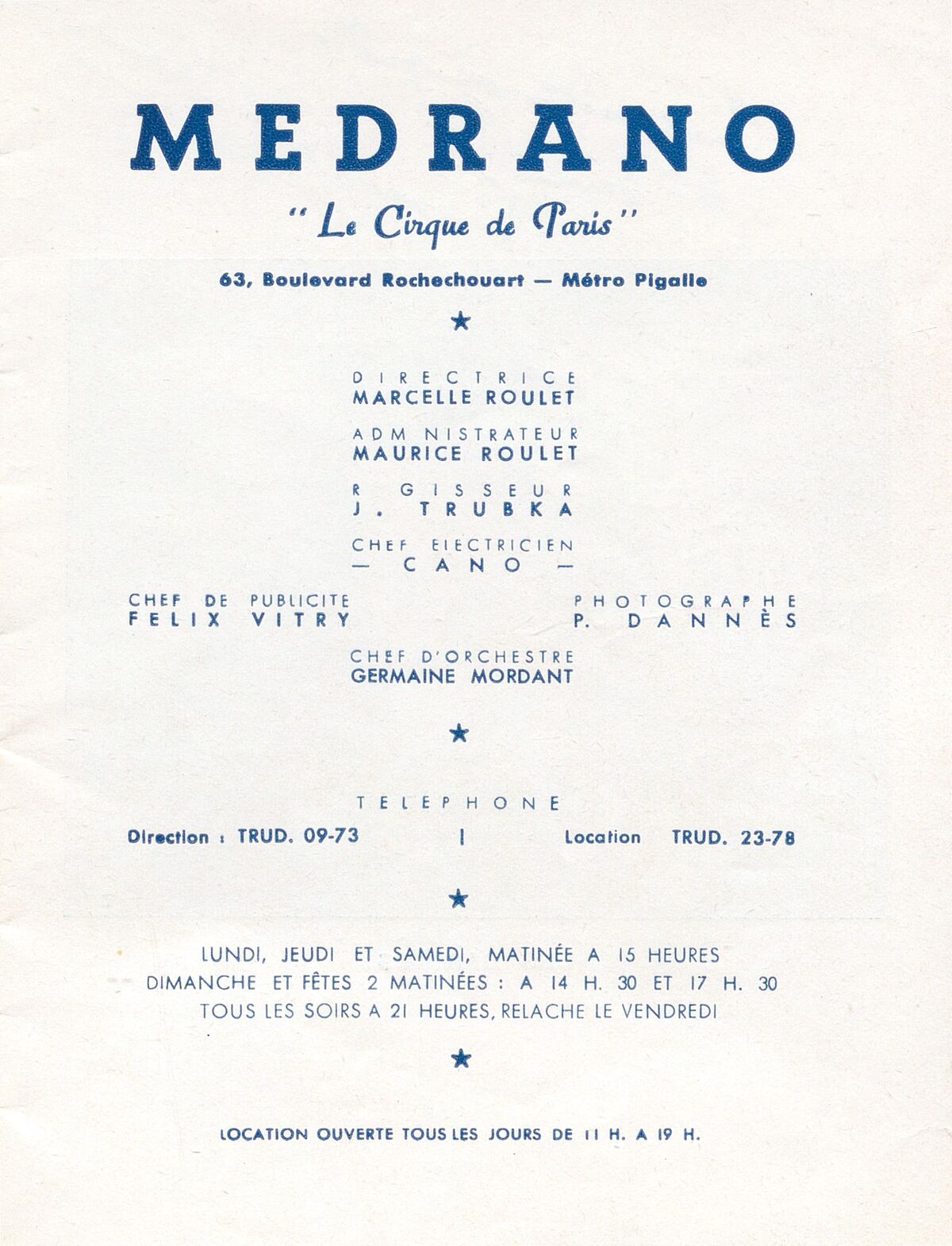 Page du programme Medrano, cirque parisien de novembre 1950