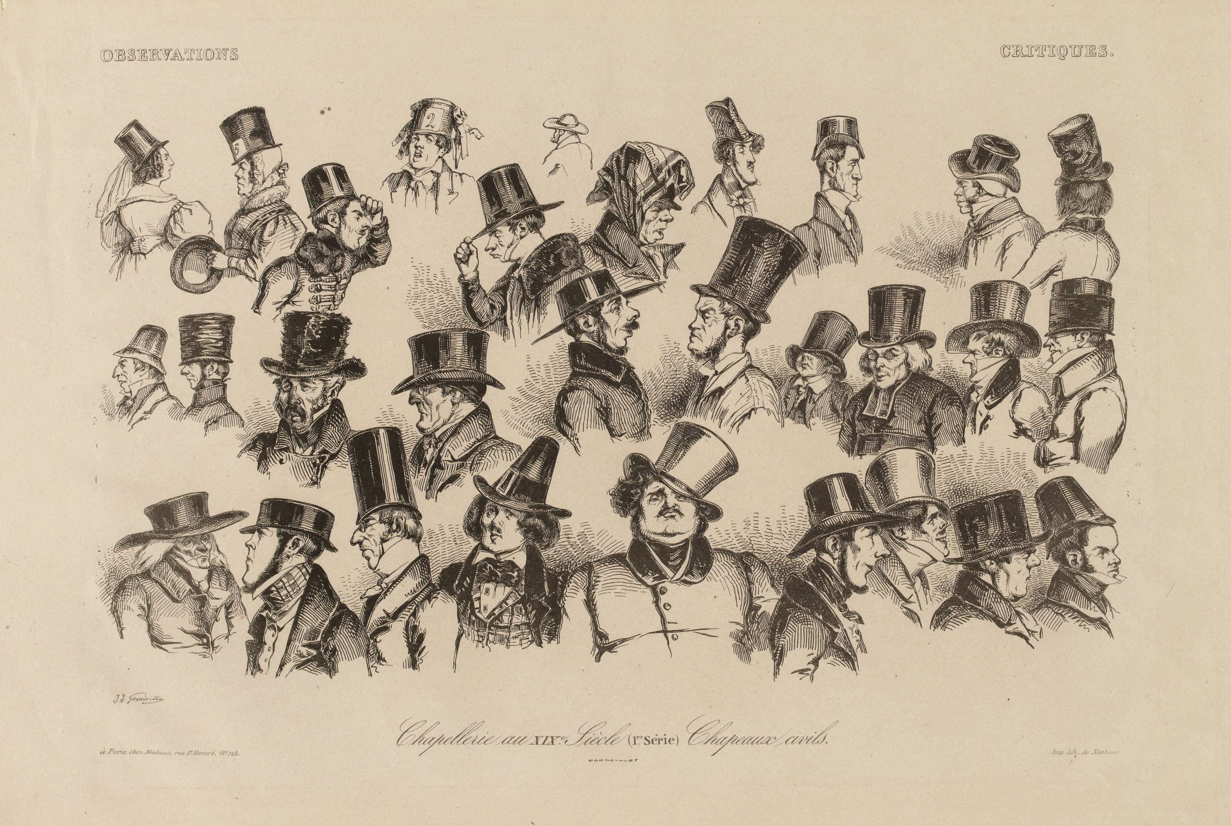 Lithographie de Grandville sur les chapeaux civils au XIXe siècle